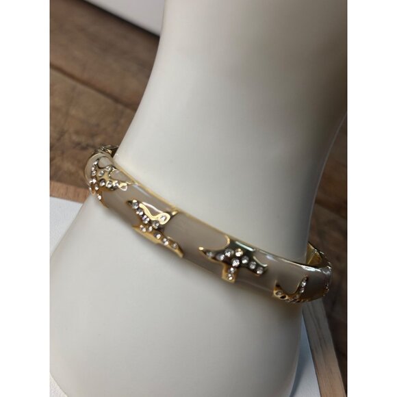 Joan Boyce signed Vintage  Gold-Tone & Cream Enamel Hinged Bangle With Rhineston - Picture 1 of 13